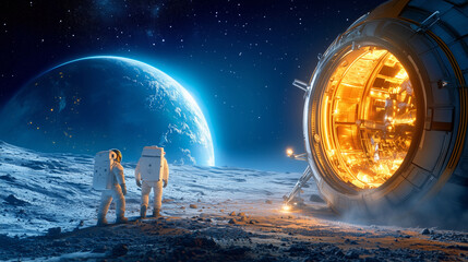 Wall Mural - two astronauts stand on the moon's surface, gazing at a distant
