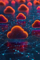 Poster - Glowing cloud network with digital connections and vibrant light in a futuristic style