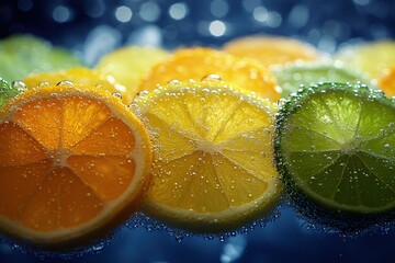 Poster - Citrus slices in sparkling water with bubbles creating a refreshing and vibrant abstract scene