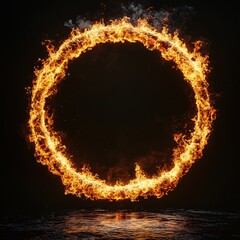 Poster - Fiery Ring of Intense Flame Burning Brightly Against a Dark Background with Water Reflection