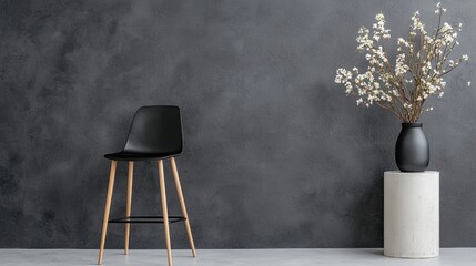 Canvas Print - Modern black chair, vase, flowers, dark wall, interior design