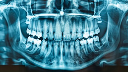 Fototapete - A dental x ray reveals the arrangement and health of teeth in both jaws, highlighting potential issues and overall dental health in a clinical environment.