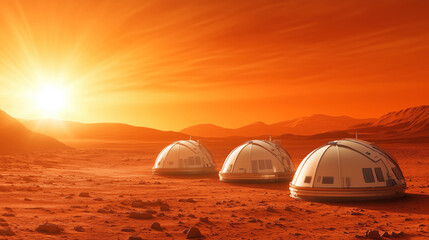 Wall Mural - three futuristic domes are set against a stunning martian landsc