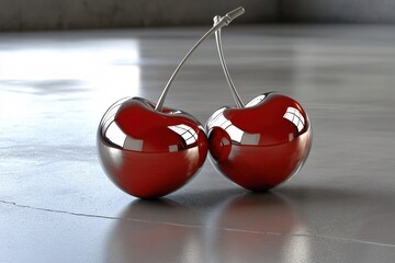 Aufkleber - Two Shiny Red Cherries on a Gray Surface with Reflective Light and a Minimalist Style