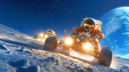 Wall Mural - two astronauts drive lunar rovers across the moon, illuminated b