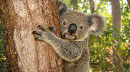 Close-up view of a koala clinging to a rough tree trunk in a natural habitat during daylight