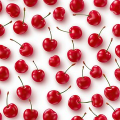 Wall Mural - A vibrant pattern of red cherries scattered against a white background, showcasing their glossy surfaces and green stems.