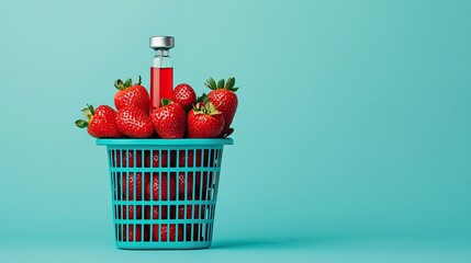 Wall Mural - A vibrant image of a turquoise basket filled with fresh strawberries, topped with a small glass vial, creating a striking contrast.