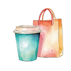 Poster - A watercolor illustration depicts a teal coffee cup and a coral shopping bag together.
