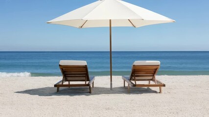 Poster - Pristine white beach umbrella and wooden chairs positioned on immaculate sandy shoreline, featuring gentle ocean waves moving slowly against serene tropical landscape