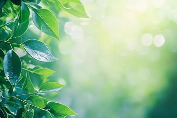 Poster - Fresh Green Leaves with Dew Drops Illuminated by Sunlight Creating Nature Harmony : Generative AI