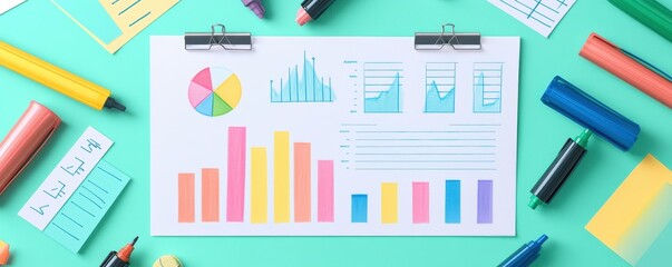 Poster - Colorful graphs and charts displayed on a teal background, surrounded by markers and sticky notes, illustrating data analysis and presentation.