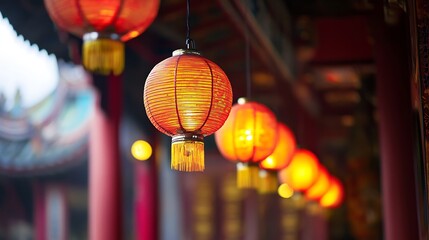 Poster - Row of Decorative Chinese Lanterns Illuminating a Traditional Temple : Generative AI