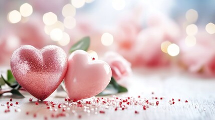 Poster - Romantic Pink and Red Heart Decorations on Light Background for Valentine's Day or Love Themes : Generative AI