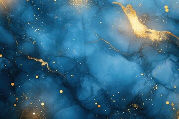 Poster - Elegant abstract blue background with golden glitter and flowing ink texture for design
