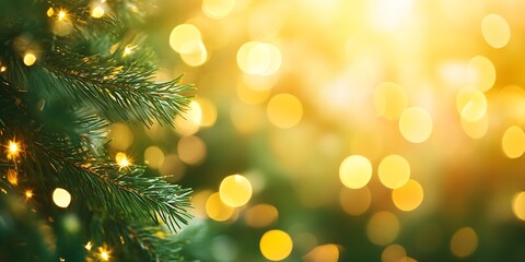 Aufkleber - Christmas Tree Branch with Warm Glowing Bokeh Holiday Lights at Sunset : Generative AI
