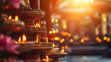 Aufkleber - Illuminated Oil Lamps Casting Glowing Ambiance in a Traditional Temple Setting : Generative AI