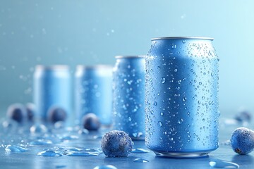 Poster - Chilled blue cans with water droplets and blueberries on a cool surface in soft light