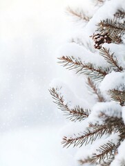 Poster - Snow Covered Pine Tree Branches in Winter Wonderland with Soft Snowfall : Generative AI