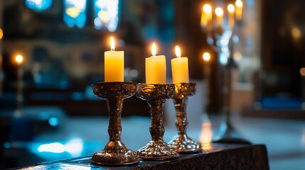 Ornate Candle Holders with Lighting in a Religious Sacred Setting : Generative AI