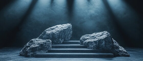 Poster - dramatic stone steps illuminated by spotlight creating a powerful and mysterious atmosphere