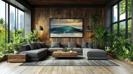 Wall Mural - Ocean wave art in modern city loft