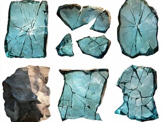 Poster - Shattered glass fragments and a rock piece against a white backdrop creating a modern abstract