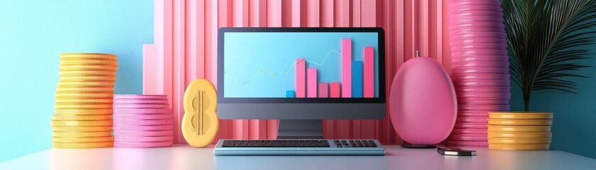 Poster - A colorful workspace featuring a computer displaying bar graphs, surrounded by decorative elements like coins and an egg.
