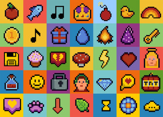 Fototapete - Set of pixel art speech bubbles and icons. Retro game style dialogue box and elements vector collection. Pixels Y2k trendy playful icons. 8bit. Mood of 90's aesthetics
