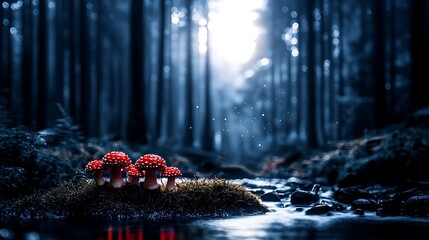 Wall Mural - Vibrant red mushrooms growing on moss near a serene stream in a misty forest setting