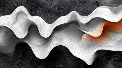 Poster - An abstract wave of fluid shapes in black, white, and hints of orange, creating a dynamic and modern visual effect. The intricate line pattern adds depth and rhythm.