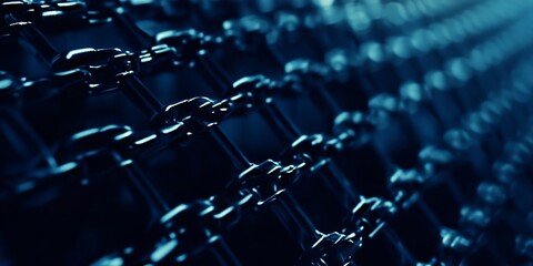 Poster - Closeup View of Interconnected Metallic Chains in Industrial Blue Lighting : Generative AI