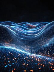 Poster - Abstract digital landscape with flowing blue and orange particles on a dark background