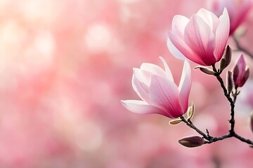 Aufkleber - Delicate Pink Magnolia Blossoms against a Soft Focus Pastel Background : Generative AI