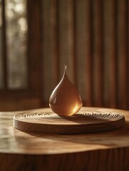 Poster - Golden drop on wooden surface with soft light creating a warm and inviting atmosphere