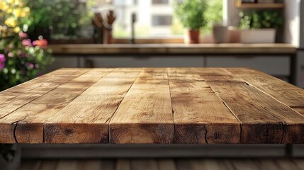 Aufkleber - A rustic wooden table top captures warm sunlight in a inviting kitchen space with blurred background elements, creating a serene environment ideal for product montage or design inspiration