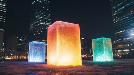 Wall Mural - Illuminated cubes, city night, urban art, water feature