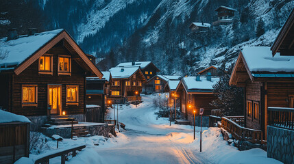 Poster - A mountain village during winter, with charming wooden houses and warm glowing windows