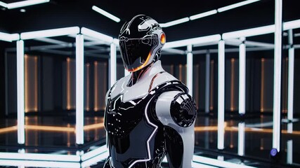 Poster - Futuristic robot with sleek black and white design. Advanced AI concept in high-tech setting. Artificial intelligence and machine learning technology. Innovative robotics for future automation