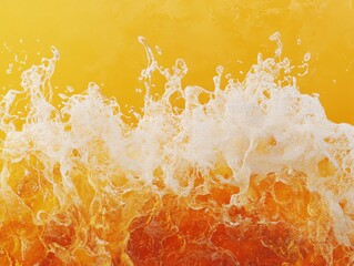 Poster - Bubbling Orange Liquid with White Foam Creates a Dynamic Abstract Pattern on Yellow Background