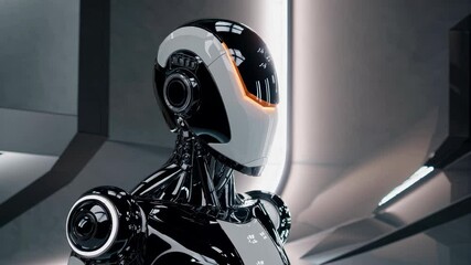Poster - Futuristic robot with sleek black and white design. Advanced AI concept in high-tech setting. Artificial intelligence and machine learning technology. Innovative robotics for future automation