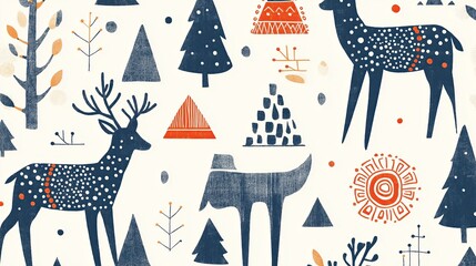 Poster - A hand-drawn folk art pattern featuring deer, trees, and geometric shapes