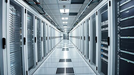 Poster - Server Room Corridor: Rows of sleek server racks line a pristine corridor in a modern data center, creating a powerful and impressive visual of technological infrastructure.