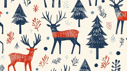 Poster - A hand-drawn folk art pattern featuring deer, trees, and geometric shapes