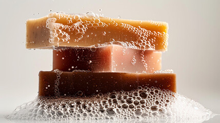 Three handcrafted soap bars stacked with bubbles on a smooth surface reflecting light in a softly lit environment