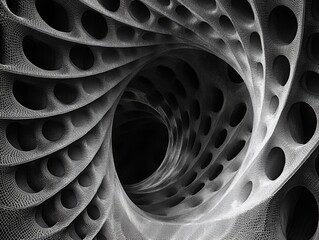 Wall Mural - Abstract monochromatic photo. Dark room with light spiral tunnel center. Circular and geometric decor in modern art style.