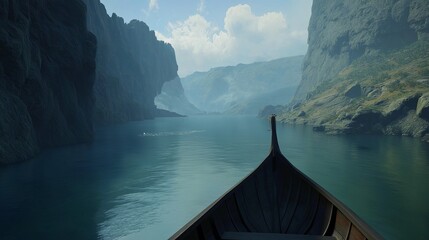 Poster - A fjord landscape with dramatic cliffs, deep blue waters, and a Viking-style wooden boat.