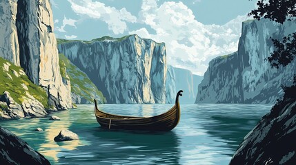 Poster - A fjord landscape with dramatic cliffs, deep blue waters, and a Viking-style wooden boat.