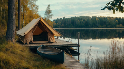 Poster - A cozy tent by a lake, with a wooden dock and a canoe tied to the shore