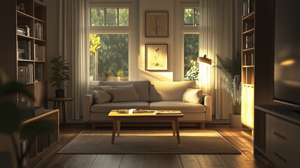 Poster - A cozy living room with minimal furniture, warm lighting, and neutral tones